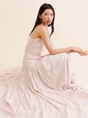 BHLDN Jade Metallic Blush One-Shoulder Asymmetrical Waist Gown